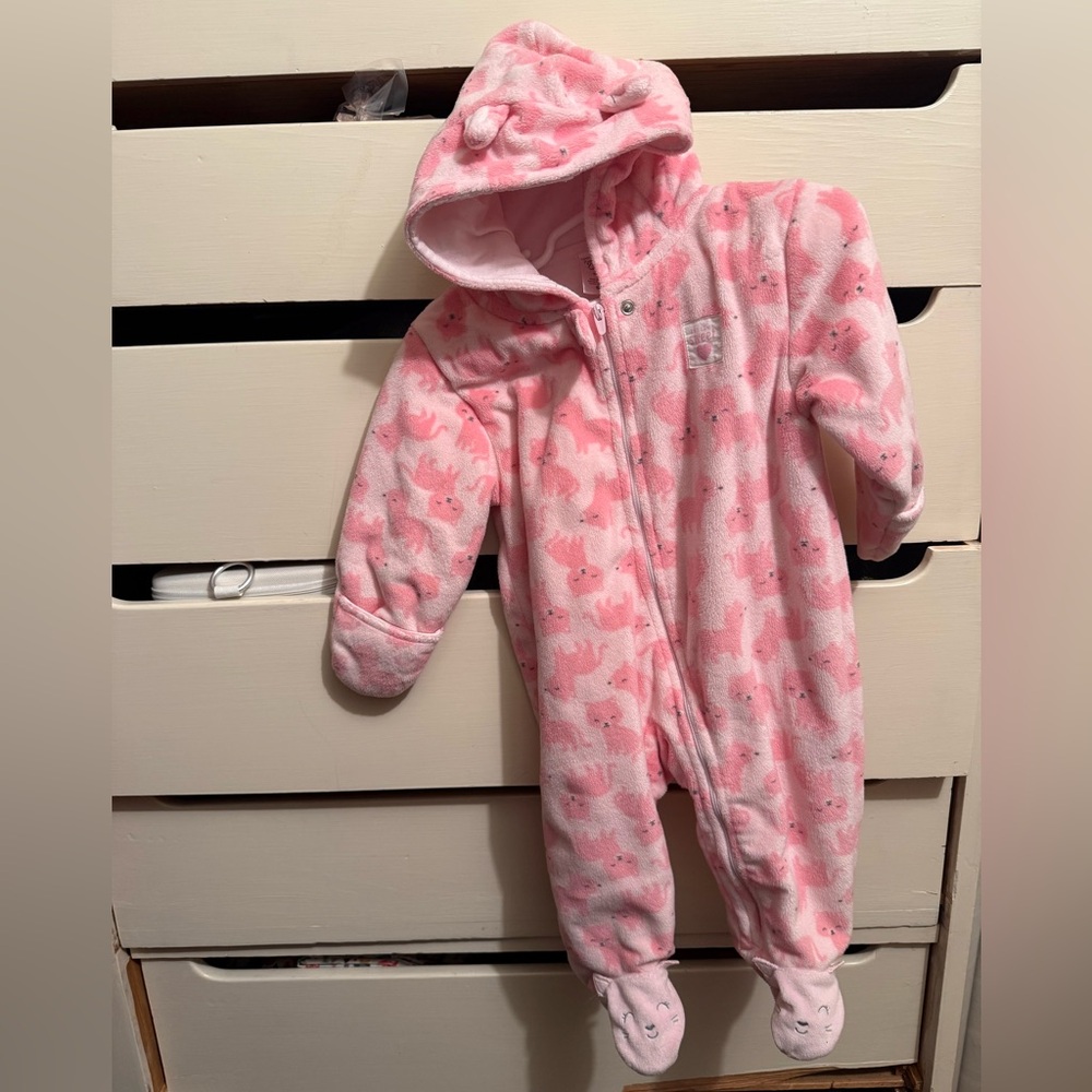 Carter's Pink hooded Baby bunting with cat Design